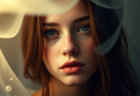 A close-up portrait of a woman&#39;s face partially covered by a translucent fabric, revealing her captivating green eyes and soft features.の素材