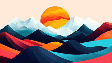 An abstract digital illustration of a stylized mountain landscape with a large, sun-like orb in the center.の素材