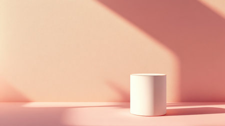A white cylinder standing on a pink surface with soft light and shadows creating a minimal and modern aesthetic.の素材