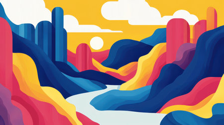 An abstract landscape with wavy hills and a river, featuring vibrant colors and geometric shapes.の素材