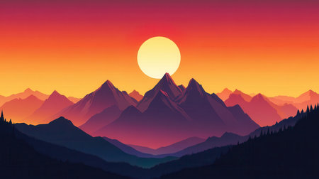 A digital illustration depicting a sunset over a range of mountains and a forest with vivid hues of orange, red, and purple.の素材