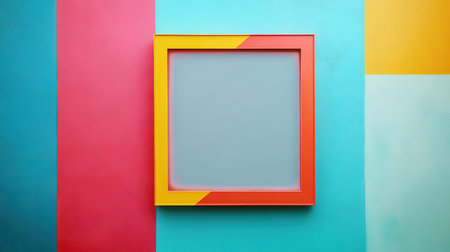 A single colorful frame with a yellow, orange and red border hangs on a wall divided into four sections of turquoise, pink, yellow, and light blue.の素材
