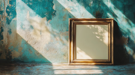 A vintage golden picture frame sits against a weathered turquoise wall with light streaks shining through.の素材