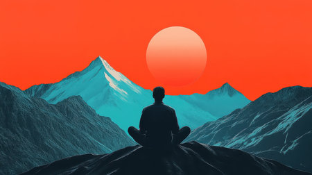 A digital art piece depicting a person sitting on a mountain peak, looking out at a large round sun and an orange sky.の素材