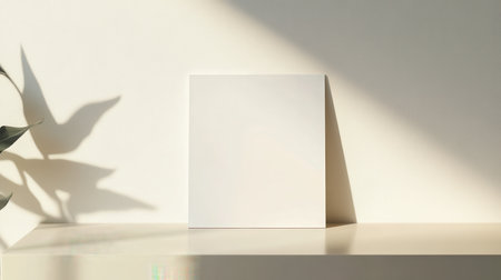 A white blank canvas mockup on a white shelf with sunlight and shadow for product display.の素材