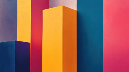 A colorful abstract geometric wall pattern with vertical stripes in shades of blue, yellow, red, pink, and purple.の素材