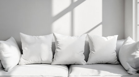 A white sofa with three white cushions in a bright room with sunlight streaming in.の素材