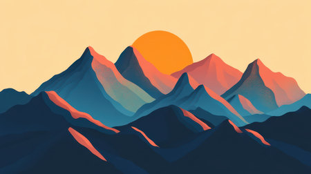 A digital illustration of a stylized mountain range with a large setting sun, featuring blue, orange, and yellow hues.の素材