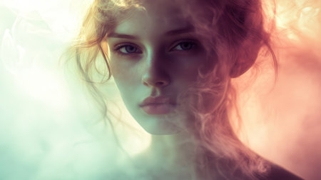 A close-up portrait of a woman&#39;s face with smoke and light creating an ethereal and mysterious effect.の素材