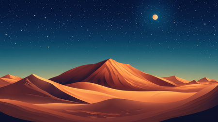 A picturesque desert landscape under a starry night sky with a crescent moon.の素材