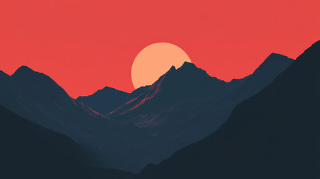 A digital illustration of a mountain range silhouetted against a red sky with a large orange sun.の素材