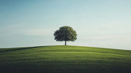 A solitary tree stands on a grassy hill against a pale blue sky.の素材