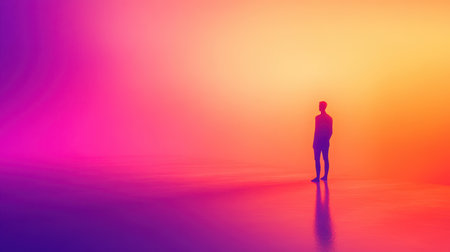 A solitary figure stands on a vibrant gradient background, creating a sense of contemplation and hope.の素材
