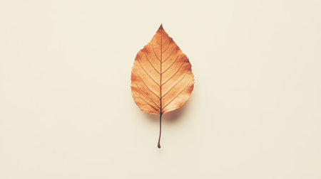 A single, dried, brown leaf on a light background.の素材