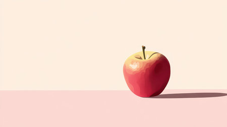 A single red apple sits on a pink and cream surface, casting a subtle shadow.の素材