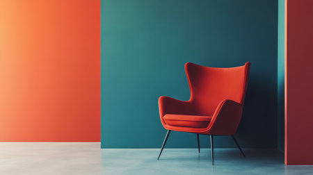 A red velvet armchair in a modern, minimalist interior with a teal and orange color scheme.の素材