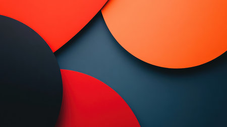 A minimalist abstract design featuring overlapping circles in red, orange, and black on a dark blue background.の素材