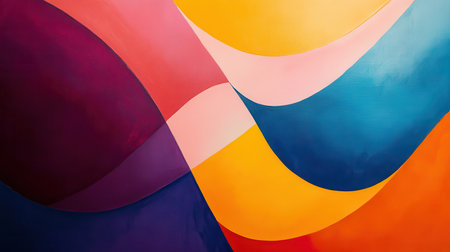 An abstract painting featuring curved shapes and vibrant colors, creating a dynamic and visually engaging composition.の素材