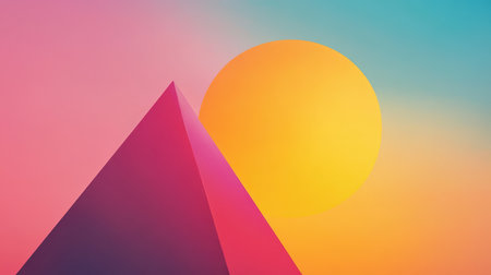 A pink pyramid sits in front of a yellow circle against a background with a gradient of pink, yellow, and blue.の素材
