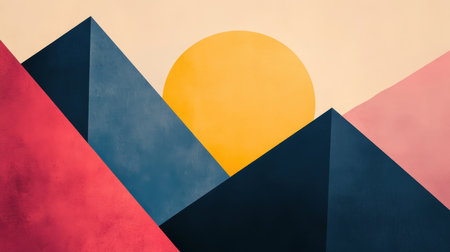 A minimalist abstract design featuring a yellow circle and geometric triangles in contrasting colors.の素材