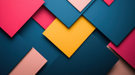 An abstract geometric pattern featuring intersecting blue, pink, yellow, and red squares with a textured surface.の素材