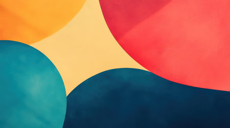 An abstract image of curved shapes in yellow, red, and blue, with a soft focus and a smooth surface.の素材