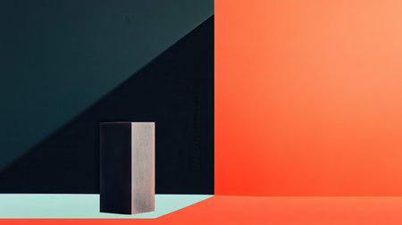 A single gray rectangular block stands on a platform against a tri-colored background.の素材