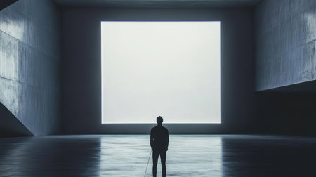 A single, silhouetted figure stands in a dark, concrete room, facing a large, glowing square.の素材