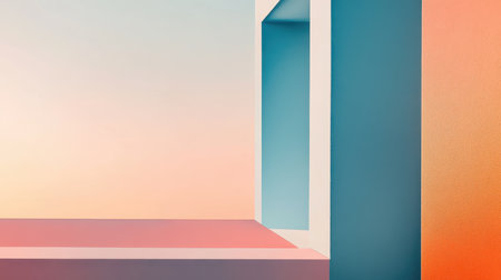 An abstract image featuring a geometric composition of colorful walls and a platform.の素材