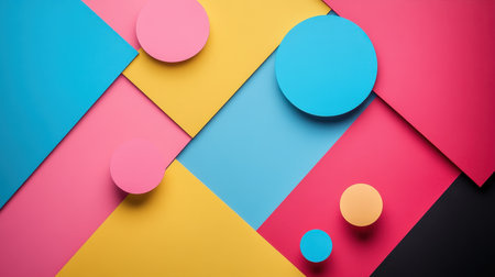A flat lay image featuring colorful circles and squares arranged diagonally.の素材