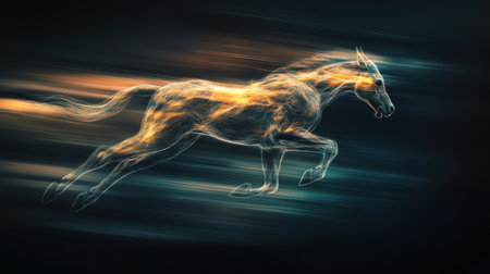 A stylized, abstract image of a horse running through a dark space, depicted as golden lines with motion blur.の素材