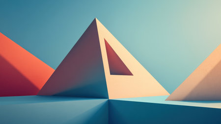An abstract geometric composition featuring a triangle with a triangular aperture, set against a colorful background of blue, orange, and yellow.の素材