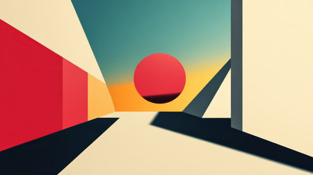 An abstract geometric composition featuring a red circle against a yellow and blue gradient background.の素材
