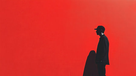 A single dark silhouette of a person in a cap stands against a bright red background.の素材