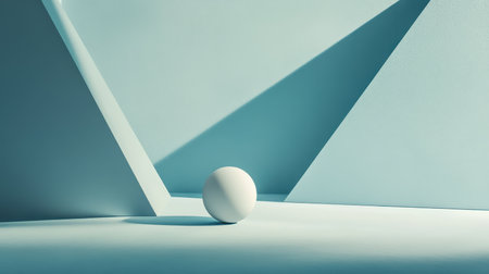 A white sphere sits on a pale blue surface, surrounded by triangular shadows.の素材