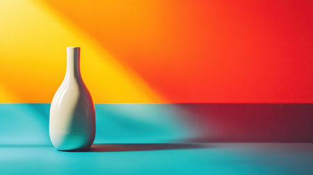 A single white vase sits against a vibrant, colorful background, creating a simple and modern composition.の素材