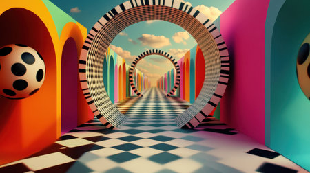 A brightly colored hallway with arched doorways leading to a cloudy sky.の素材