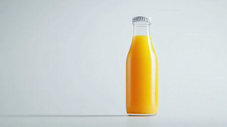 A single, glass bottle filled with orange juice, standing on a white background.の素材