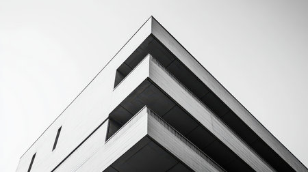 A close-up of a building&#39;s exterior with a sharp black and white contrast, showcasing the geometric lines and angles of modern architecture.の素材