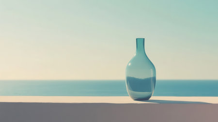 A teal glass vase sits on a white surface against a blue sea and sky background.の素材