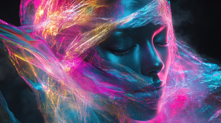 A close-up portrait of a woman's face veiled in iridescent fabric bathed in vibrant neon light.の素材