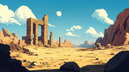 A desolate desert landscape with the ruins of an ancient structure, featuring stone pillars and an archway.の素材