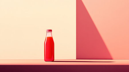 A single glass bottle with red liquid on a colorful background.の素材