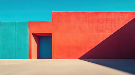A minimal composition of red, blue, and cream walls with an open doorway, casting long shadows on the concrete ground.の素材