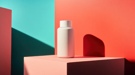 A white bottle sits on a pink platform in a minimal studio setting.の素材