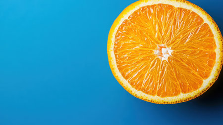 A close-up of a juicy orange slice on a bright blue background.の素材