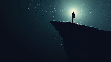 A solitary figure stands at the edge of a cliff, facing a bright light in the night sky, symbolizing hope and the unknown.の素材