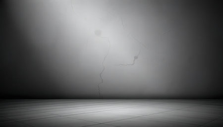 A dimly lit room features a cracked, gray wall and a tiled floor; the scene is bleak and suggestive of abandonment.の素材