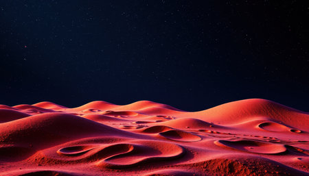A digital rendering depicts a red, alien landscape under a dark, starlit sky featuring rolling sand dunes and small craters.の素材