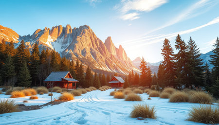 Two red cabins nestled in a snowy landscape at sunrise, with majestic mountains as a backdrop.の素材